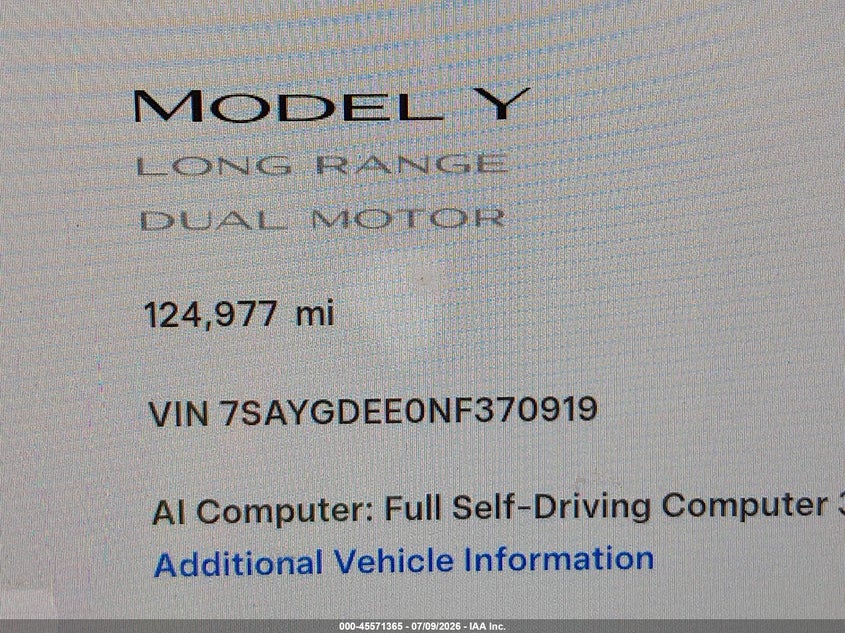 2022 Tesla Model y VIN 7SAYGDEE0NF370919 IAAI salvage auction — LEFT SIDE, Salvage - Greater Than 75% (Maryland), sold $4,950 on 2026-07-24 (photo 9)