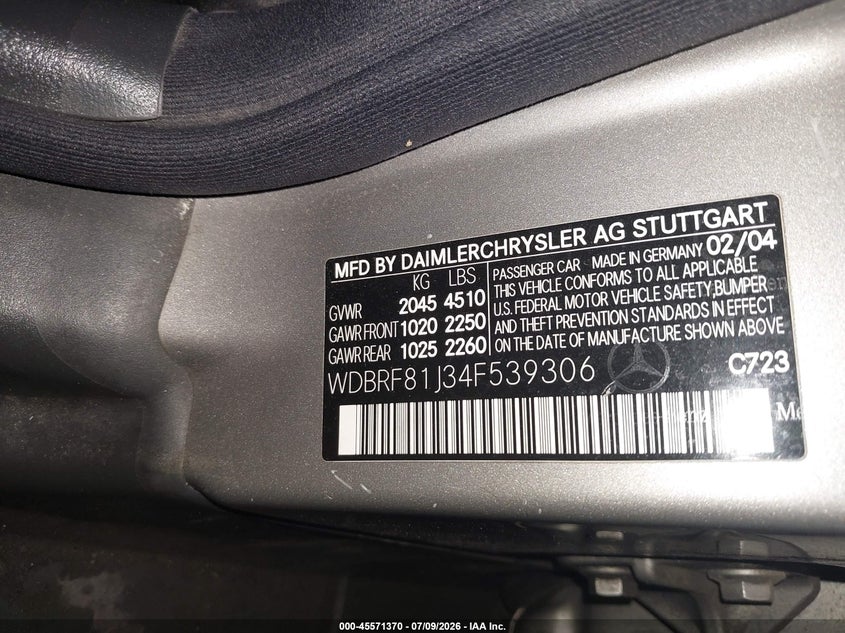 2004 Mercedes-benz C class VIN WDBRF81J34F539306 IAAI salvage auction — LEFT FRONT, Clear (New Jersey), sold $425 on 2026-07-27 (photo 9)