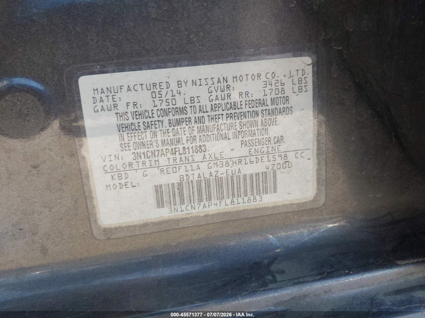 2015 Nissan Versa VIN 3N1CN7AP4FL811883 IAAI salvage auction — FRONT END, Salvage (California), sold $700 on 2026-07-23 (photo 9)