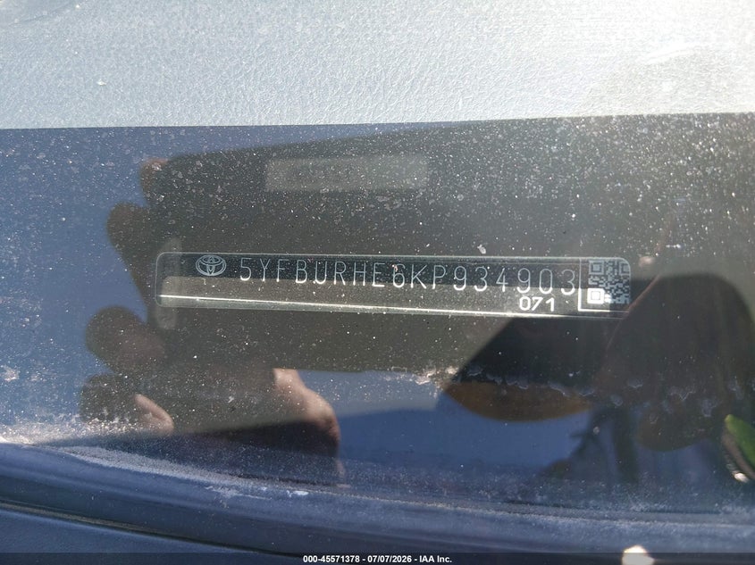 2019 Toyota Corolla VIN 5YFBURHE6KP934903 IAAI salvage auction — FRONT END, Salvage (California), sold $3,100 on 2026-07-19 (photo 9)