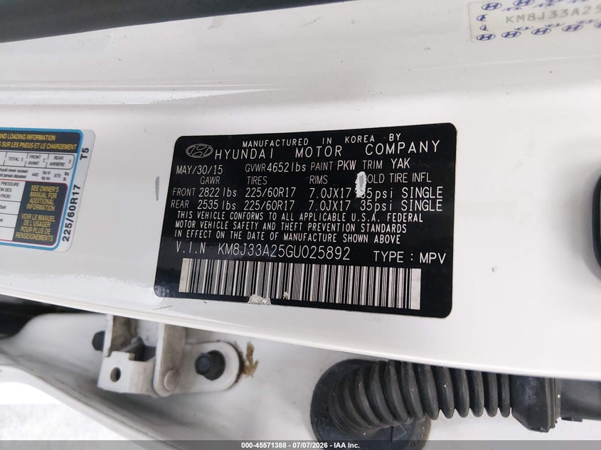 2016 Hyundai Tucson VIN KM8J33A25GU025892 IAAI salvage auction — NORMAL WEAR, Clear (Florida), sold $1,800 on 2026-07-29 (photo 9)