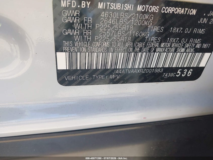 2024 Mitsubishi Eclipse cross VIN JA4ATVAAXRZ001983 IAAI salvage auction — FRONT END, Salvage Title, sold $650 on 2026-09-16 (photo 9)