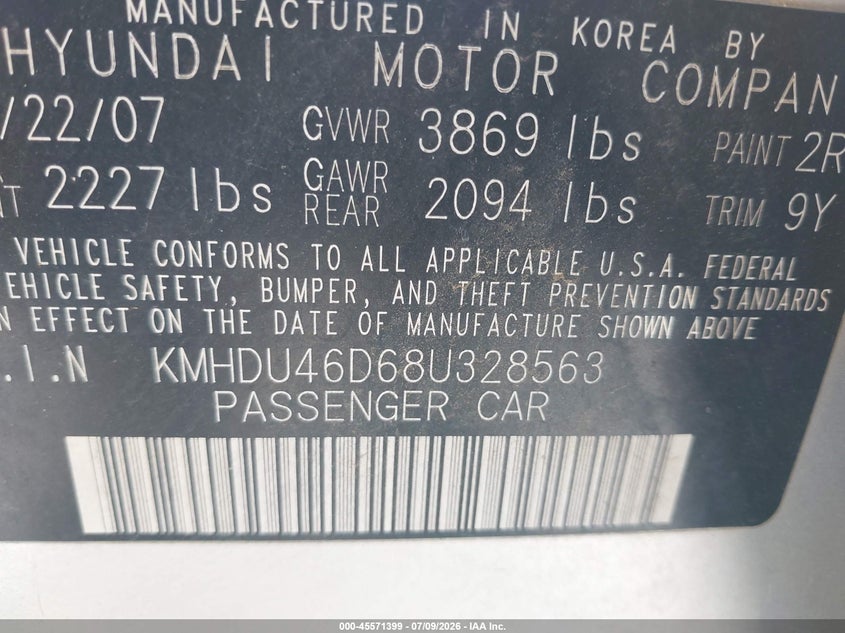 2008 Hyundai Elantra VIN KMHDU46D68U328563 IAAI salvage auction — NORMAL WEAR, Clear - Dealer Only (California), sold $825 on 2026-07-15 (photo 9)