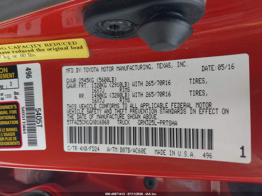 2016 Toyota Tacoma VIN 5TFAZ5CN1GX016868 IAAI salvage auction — FRONT END, Salvage (Texas), sold $8,300 on 2026-07-31 (photo 9)