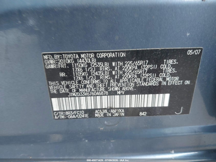 2007 Toyota Rav4 VIN JTMZD33V676046878 IAAI salvage auction — NORMAL WEAR, Original (Ohio), sold $1,200 on 2026-07-28 (photo 9)