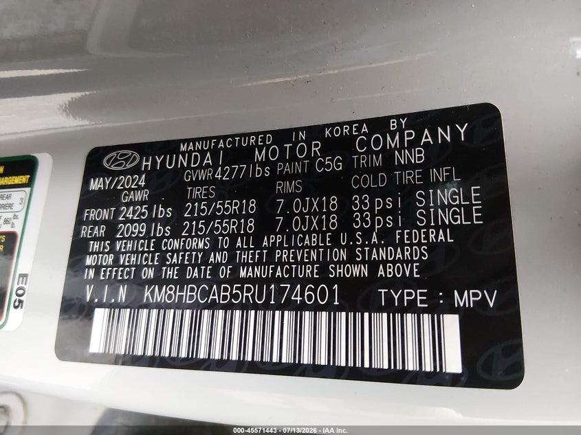 2024 Hyundai Kona VIN KM8HBCAB5RU174601 IAAI salvage auction — REAR END, Enterprise Vehicles Clear Only (New Jersey), sold $8,700 on 2026-07-15 (photo 9)
