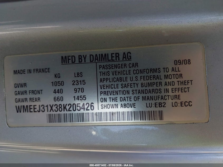 2008 Smart Fortwo VIN WMEEJ31X38K205426 IAAI salvage auction — FRONT END, Mv-907A (New York), sold $500 on 2026-07-28 (photo 9)