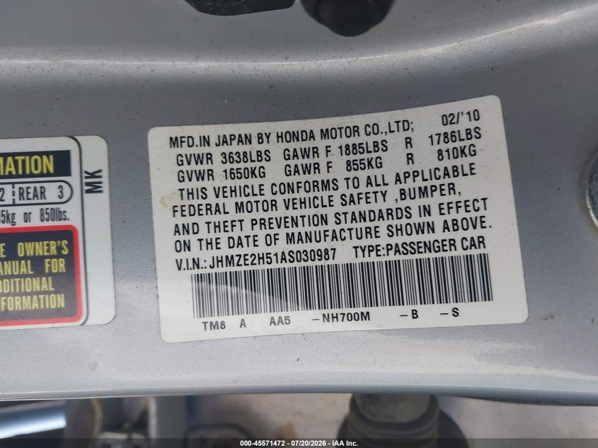 2010 Honda Insight VIN JHMZE2H51AS030987 IAAI salvage auction — NORMAL WEAR, Clear (Delaware), sold $200 on 2026-07-30 (photo 9)