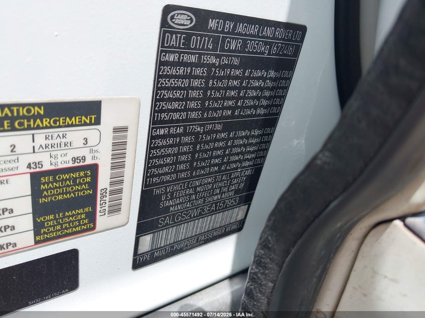 2014 Land rover RANGE ROVER VIN SALGS2WF3EA157953 IAAI salvage auction — NORMAL WEAR, Original (Texas), sold $1,100 on 2026-07-28 (photo 9)