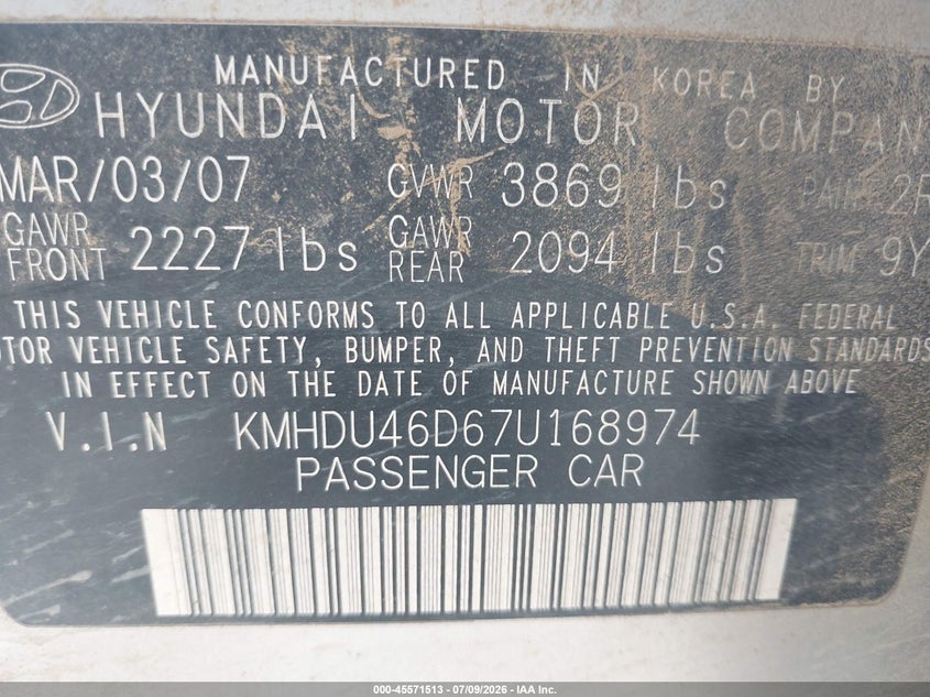 2007 Hyundai Elantra VIN KMHDU46D67U168974 IAAI salvage auction — LEFT FRONT, Clear - Dealer Only (California), sold $475 on 2026-07-22 (photo 9)