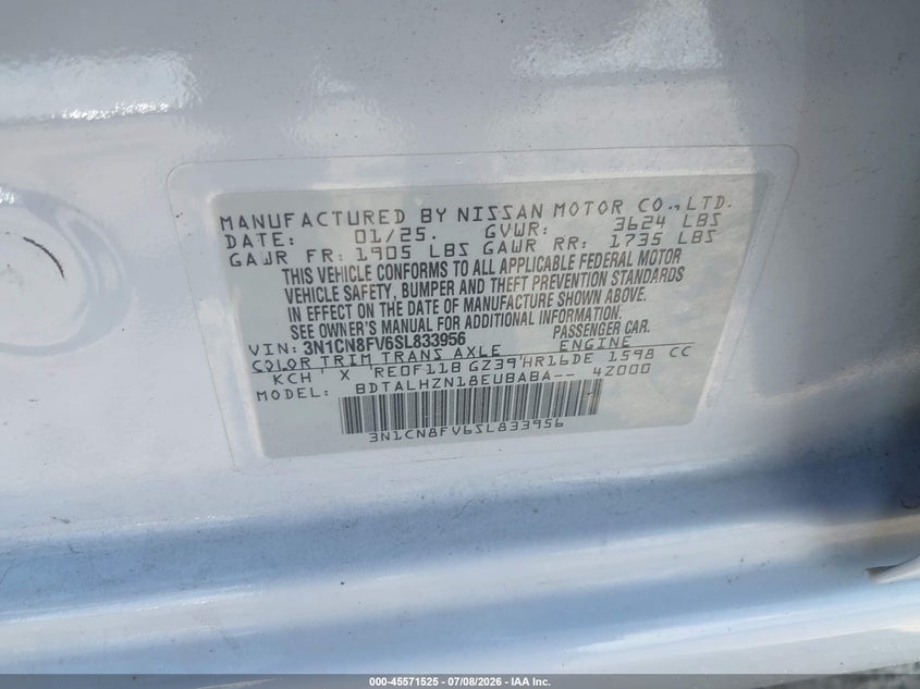 2025 Nissan Versa VIN 3N1CN8FV6SL833956 IAAI salvage auction — FRONT END, Salvage Title, sold $9,300 on 2026-07-15 (photo 9)