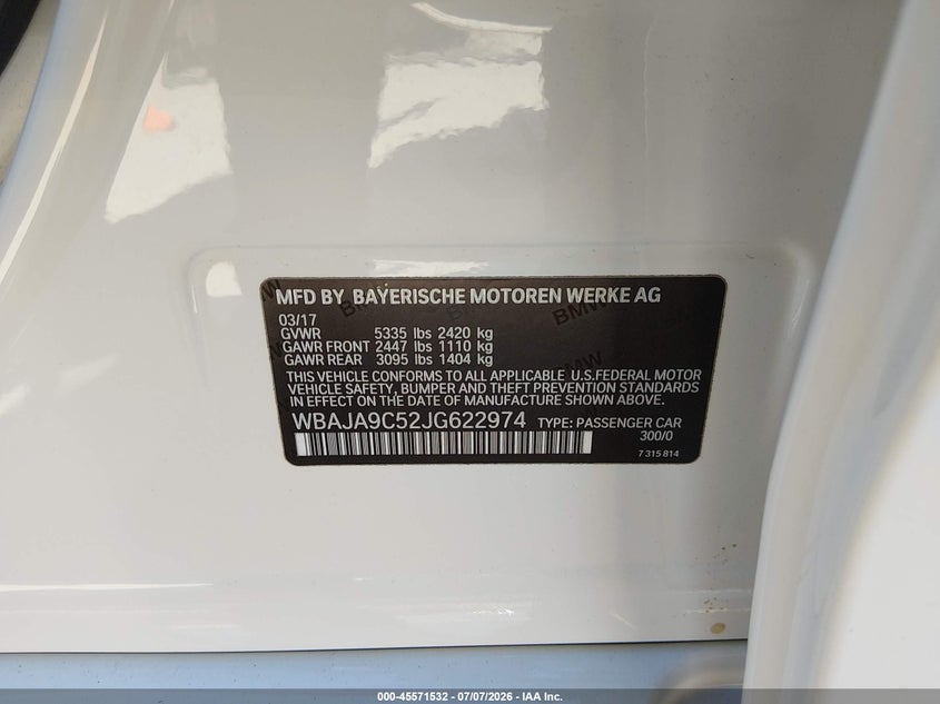 2018 BMW 5er VIN WBAJA9C52JG622974 IAAI salvage auction — LEFT REAR, Salvage (California), sold $5,200 on 2026-07-29 (photo 9)