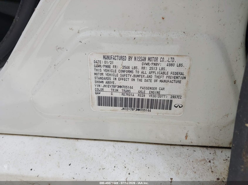 2021 Infiniti Q50 VIN JN1EV7BP3MM705144 IAAI salvage auction — ALL OVER, Certificate Of Destruction (Florida), sold $225 on 2026-07-15 (photo 9)