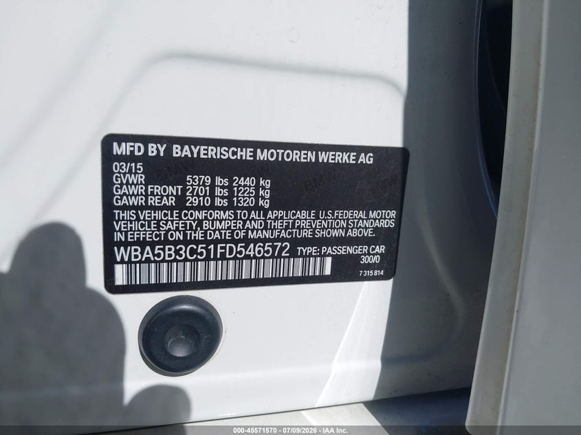2015 BMW 5er VIN WBA5B3C51FD546572 IAAI salvage auction — FRONT END, Bill Of Sale (Washington), sold $5,825 on 2026-08-11 (photo 9)