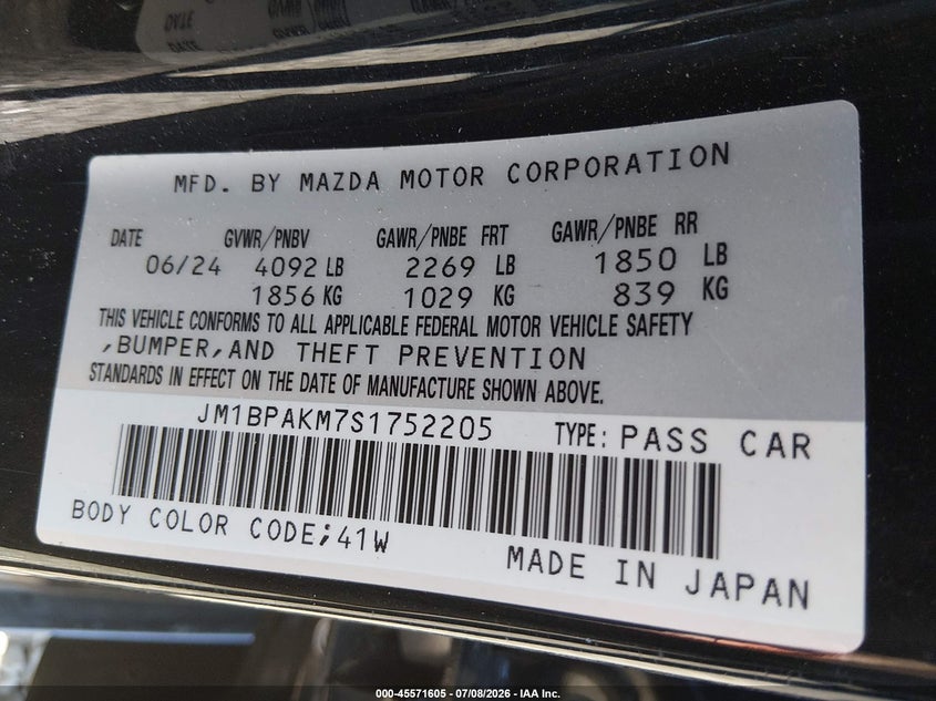 2025 Mazda 3 VIN JM1BPAKM7S1752205 IAAI salvage auction — FRONT END, Salvage Title, sold $8,550 on 2026-07-22 (photo 9)