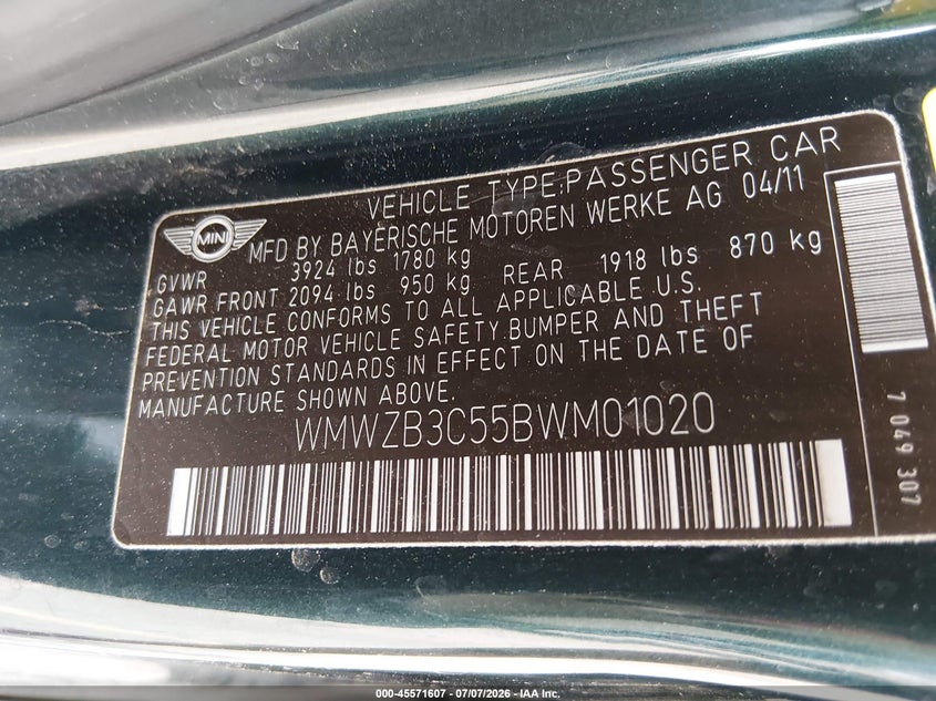 2011 Mini Cooper VIN WMWZB3C55BWM01020 IAAI salvage auction — RIGHT FRONT, Salvage (Colorado), sold $375 on 2026-08-22 (photo 9)