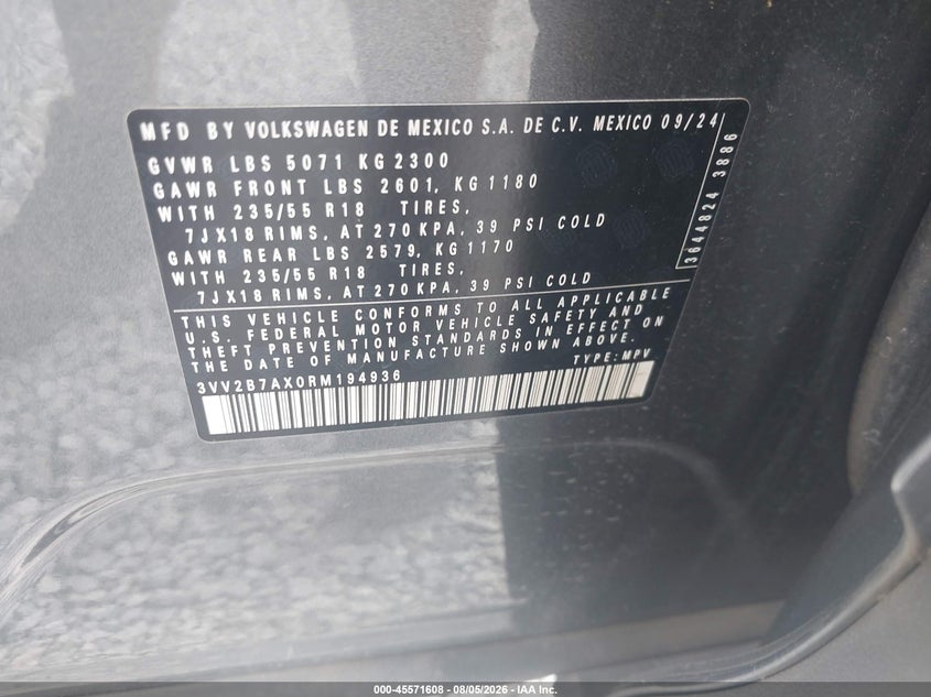 2024 Volkswagen Tiguan VIN 3VV2B7AX0RM194936 IAAI salvage auction — NORMAL WEAR, Salvage Title, sold $11,100 on 2026-08-10 (photo 9)