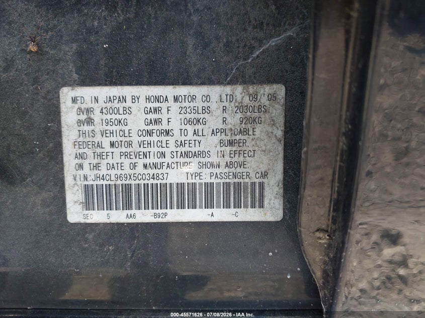 2005 Acura Tsx VIN JH4CL969X5C034837 IAAI salvage auction — NORMAL WEAR, Clear (South Carolina), sold $275 on 2026-07-28 (photo 9)