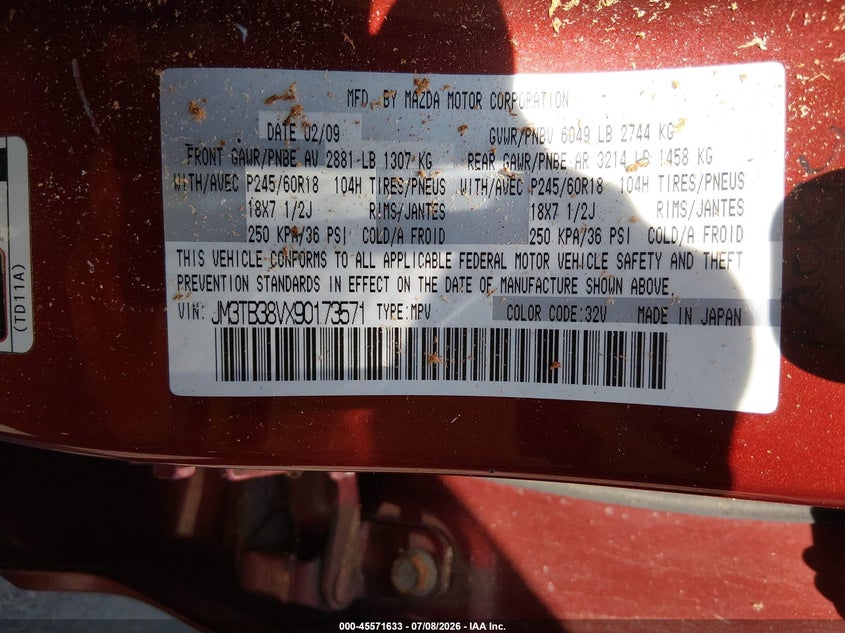 2009 Mazda Cx-9 VIN JM3TB38VX90173571 IAAI salvage auction — ROOF, Salvage (Connecticut), sold $350 on 2026-07-23 (photo 9)