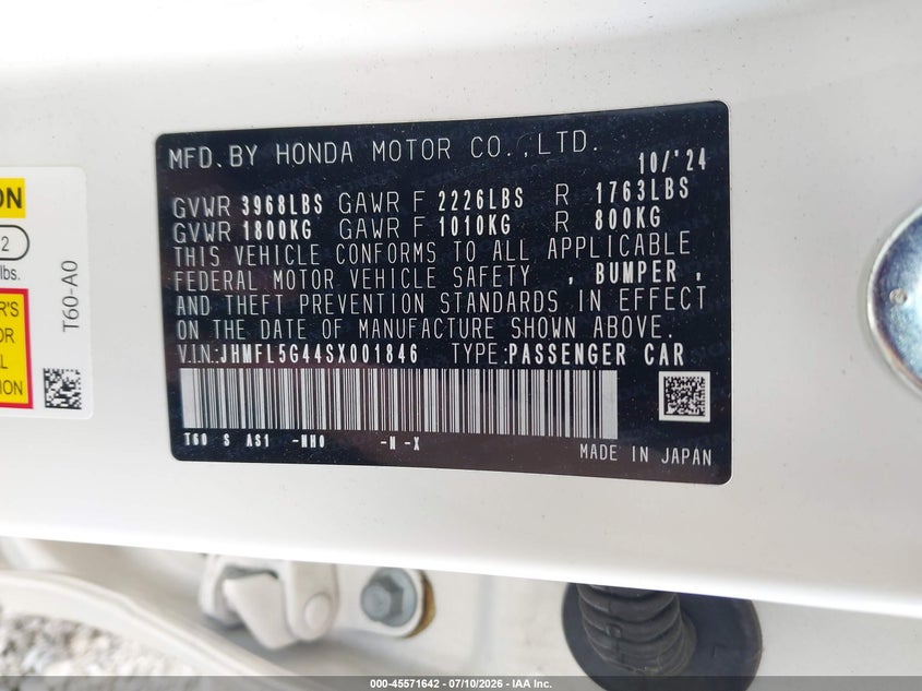 2025 Honda Civic VIN JHMFL5G44SX001846 IAAI salvage auction — REAR END, Mv-907A (New York), sold $20,950 on 2026-08-01 (photo 9)