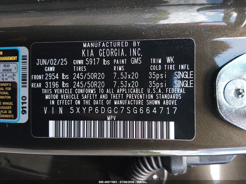 2025 Kia Telluride VIN 5XYP6DGC7SG664717 IAAI salvage auction — REAR END, Salvage Title, sold $13,400 on 2026-08-02 (photo 9)