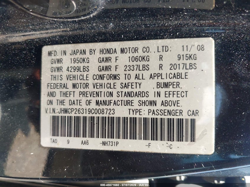 2009 Honda Accord VIN JHMCP26319C008723 IAAI salvage auction — NORMAL WEAR, Original (Texas), sold $250 on 2026-07-29 (photo 9)