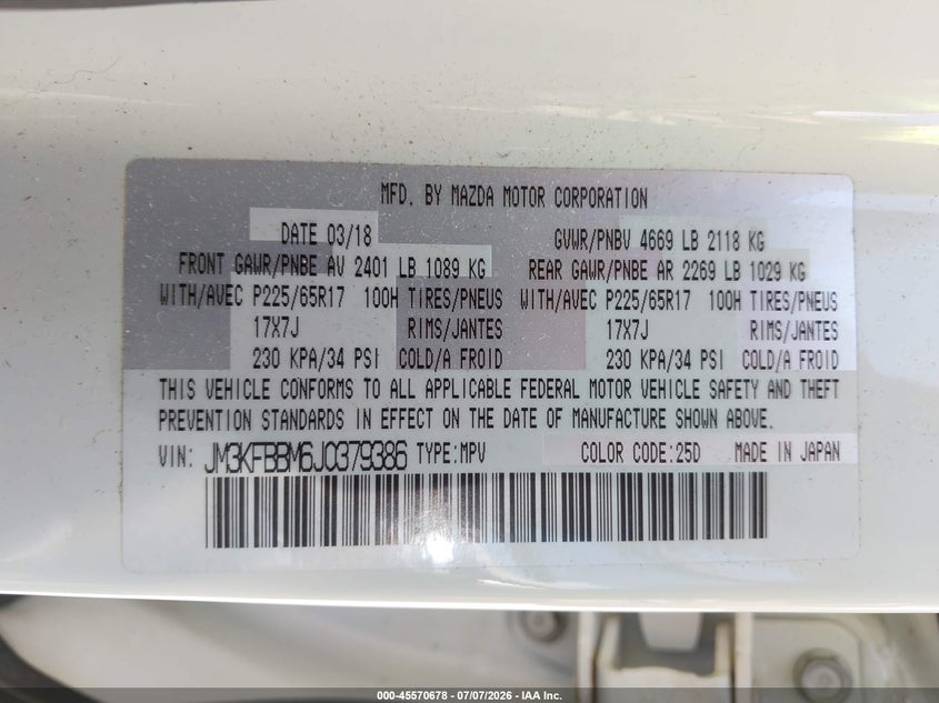 2018 Mazda Cx-5 VIN JM3KFBBM6J0379386 IAAI salvage auction — HAIL, Salvage Title, sold $75 on 2026-07-29 (photo 9)