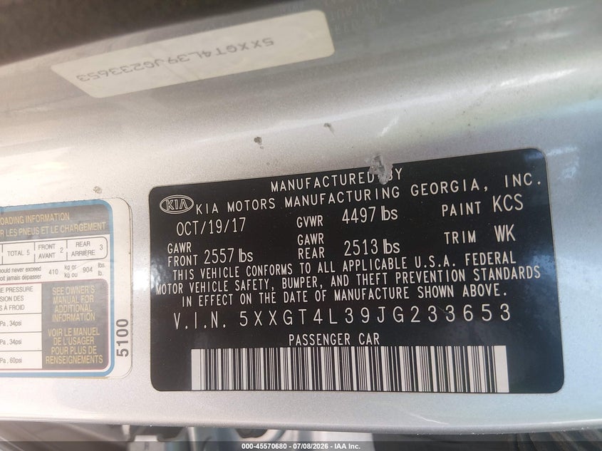2018 Kia Optima VIN 5XXGT4L39JG233653 IAAI salvage auction — FRONT END, Salvage (Arizona), sold $125 on 2026-07-28 (photo 9)