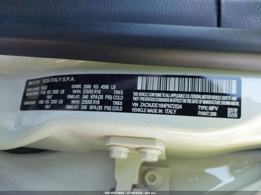 2022 Jeep Renegade VIN ZACNJDE16NPN72524 IAAI salvage auction — FRONT END, Salvage Title, sold $3,525 on 2026-08-18 (photo 9)