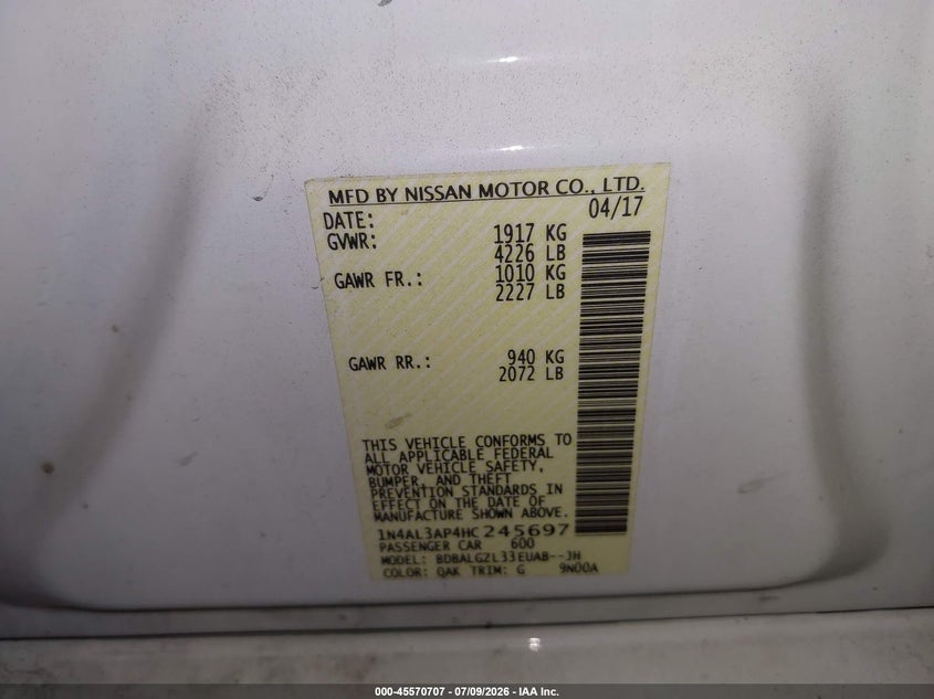 2017 Nissan Altima VIN 1N4AL3AP4HC245697 IAAI salvage auction — LEFT FRONT, Wait Title, sold $1,475 on 2026-09-03 (photo 9)