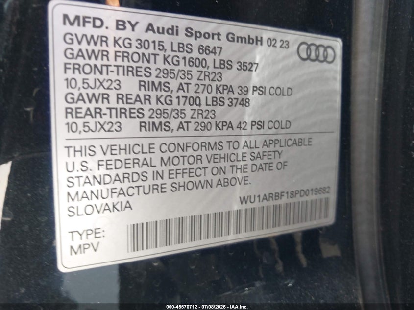 2023 Audi Rs q8 VIN WU1ARBF18PD019682 IAAI salvage auction — WATER/FLOOD, Salvage (Texas), sold $48,225 on 2026-08-26 (photo 9)