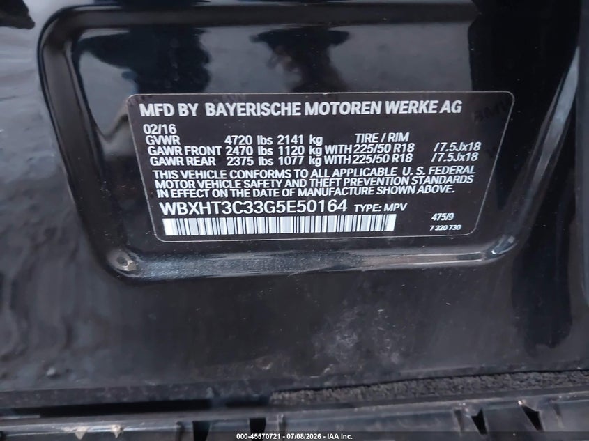 2016 BMW X1 VIN WBXHT3C33G5E50164 IAAI salvage auction — LEFT REAR, Salvage Title, sold $3,300 on 2026-07-30 (photo 9)