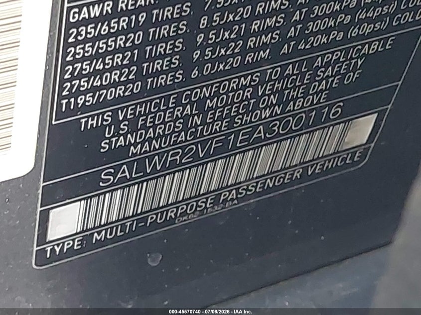 2014 Land rover Range rover sport VIN SALWR2VF1EA300116 IAAI salvage auction — NORMAL WEAR, Original (Texas), sold $1,100 on 2026-07-28 (photo 9)