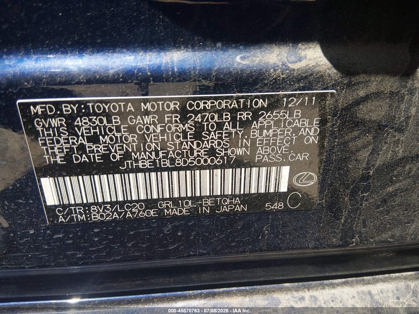 2013 Lexus Gs VIN JTHBE1BL8D5000617 IAAI salvage auction — NORMAL WEAR, Original (Texas), sold $1,500 on 2026-07-27 (photo 9)