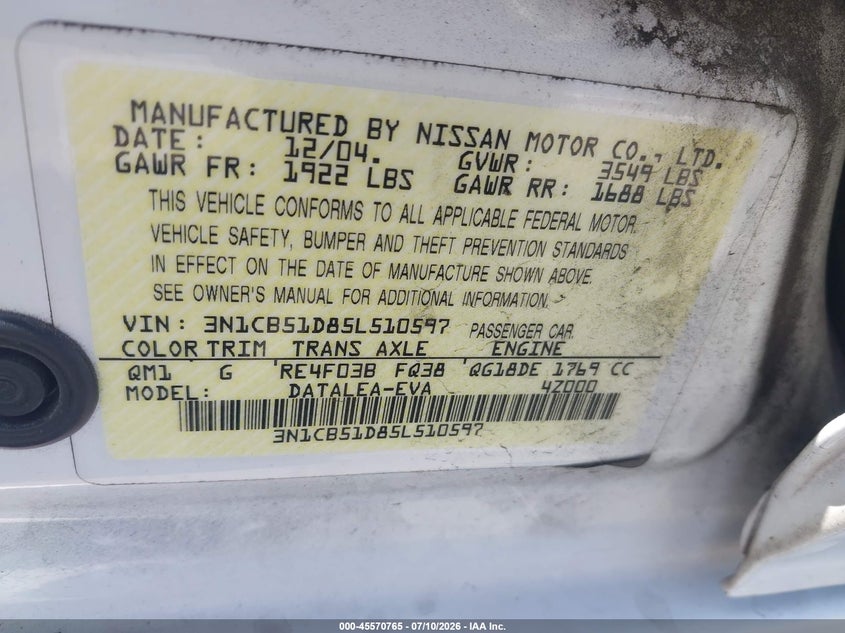 2005 Nissan Sentra VIN 3N1CB51D85L510597 IAAI salvage auction — REAR END, Salvage (California), sold $925 on 2026-08-24 (photo 9)