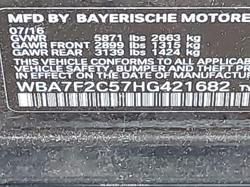 2017 BMW 7er VIN WBA7F2C57HG421682 IAAI salvage auction — FRONT & REAR, Salvage Title, sold $5,200 on 2026-08-18 (photo 9)