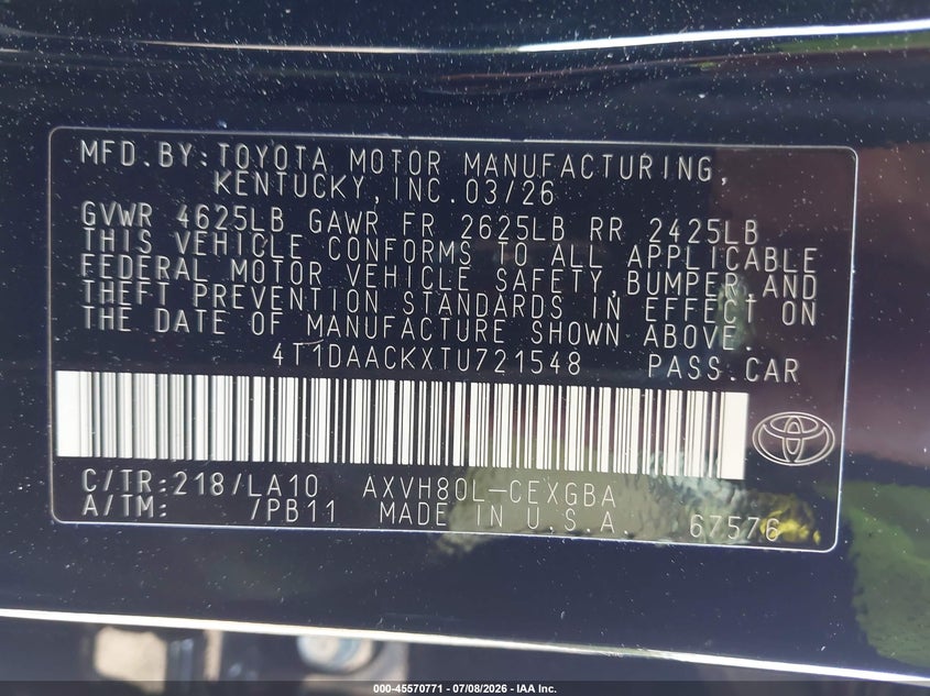 2026 Toyota Camry VIN 4T1DAACKXTU721548 IAAI salvage auction — FRONT END, Salvage Title, sold $9,300 on 2026-08-26 (photo 9)