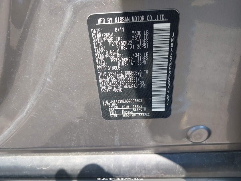 2011 Infiniti Qx56 VIN JN8AZ2NE8B9007503 IAAI salvage auction — NORMAL WEAR, Original (Texas), sold $2,125 on 2026-07-17 (photo 9)