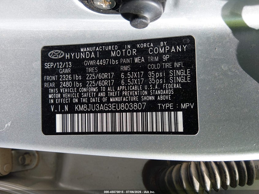 2014 Hyundai Tucson VIN KM8JU3AG3EU803807 IAAI salvage auction — NORMAL WEAR, Salvage Title, sold $700 on 2026-07-24 (photo 9)