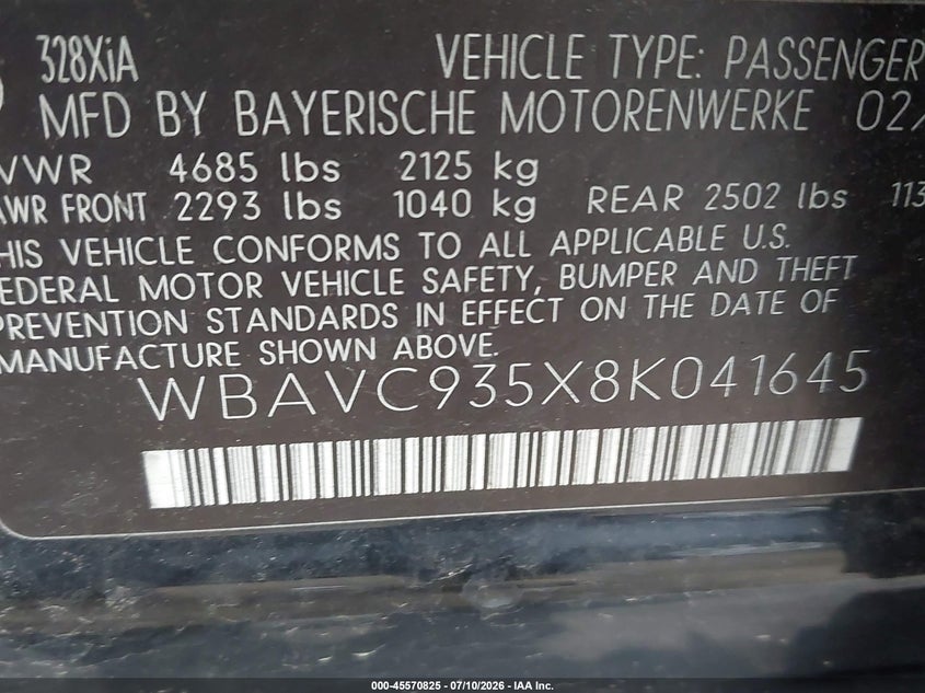 2008 BMW 3er VIN WBAVC935X8K041645 IAAI salvage auction — FRONT END, Clear (Virginia), sold $450 on 2026-07-29 (photo 9)