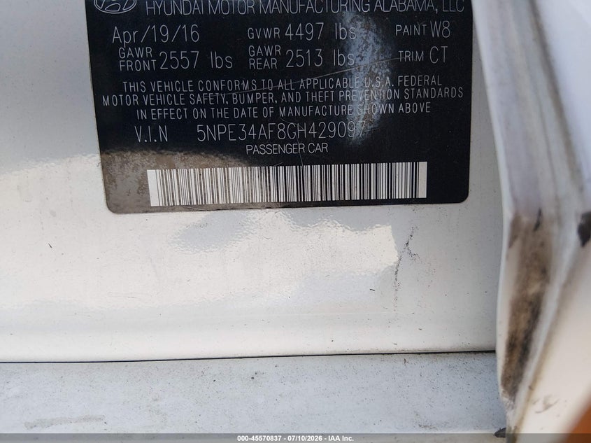 2016 Hyundai Sonata VIN 5NPE34AF8GH429097 IAAI salvage auction — SIDE, Salvage Title, sold $2,050 on 2026-09-07 (photo 9)