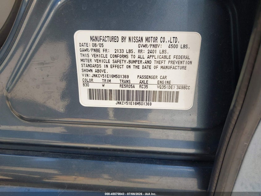 2006 Infiniti G35 VIN JNKCV51E16M501369 IAAI salvage auction — LEFT FRONT, Salvage (California), sold $1,200 on 2026-07-23 (photo 9)