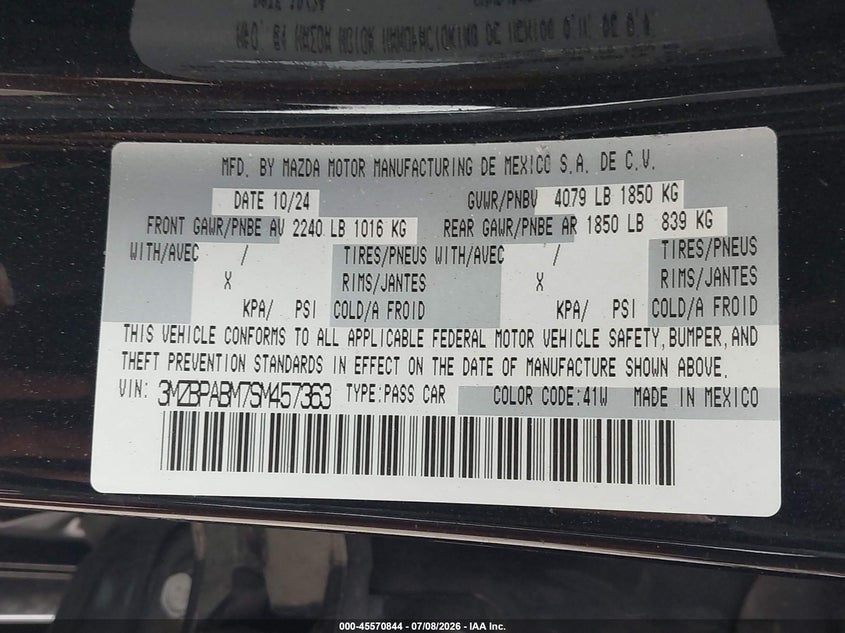 2025 Mazda 3 VIN 3MZBPABM7SM457363 IAAI salvage auction — RIGHT FRONT, Enterprise Vehicles Clear Only (Massachusetts), sold $10,325 on 2026-07-15 (photo 9)