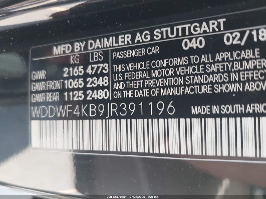 2018 Mercedes-benz C-klasse VIN WDDWF4KB9JR391196 IAAI salvage auction — REAR END, Salvage Title, sold $5,500 on 2026-08-07 (photo 9)