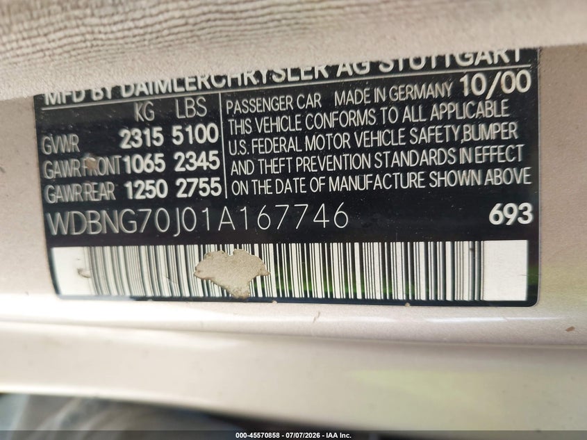 2001 Mercedes-benz S class VIN WDBNG70J01A167746 IAAI salvage auction — NORMAL WEAR, Clear (Florida), sold $25 on 2026-07-23 (photo 9)