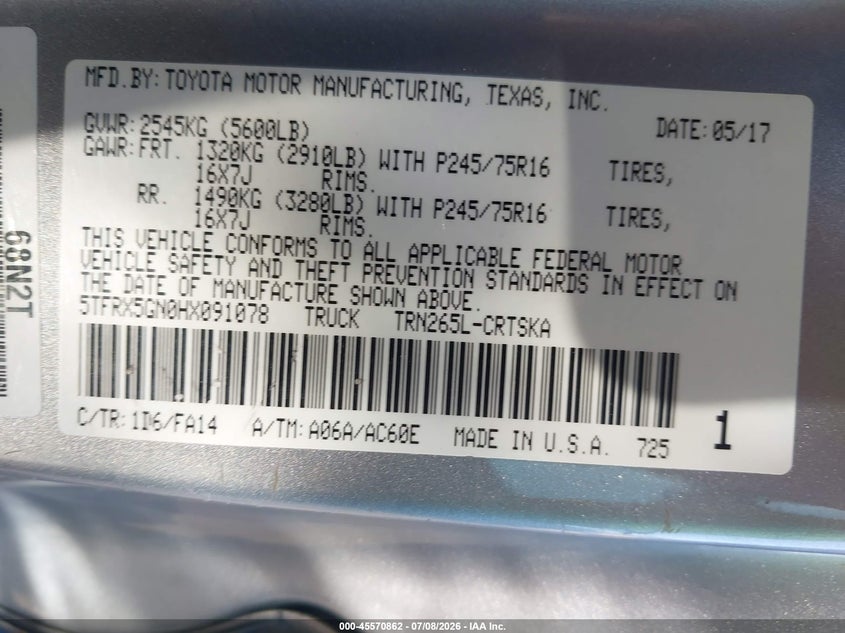 2017 Toyota Tacoma VIN 5TFRX5GN0HX091078 IAAI salvage auction — MECHANICAL, Clear (South Carolina), sold $5,650 on 2026-07-29 (photo 9)