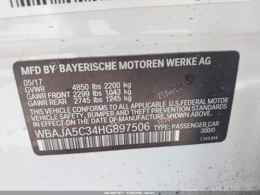 2017 BMW 5er VIN WBAJA5C34HG897506 IAAI salvage auction — FRONT & REAR, Salvage Title, sold $5,900 on 2026-08-02 (photo 9)