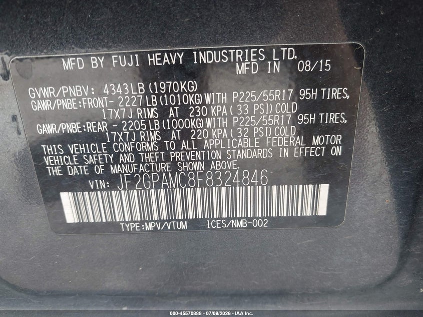 2015 Subaru Xv VIN JF2GPAMC8F8324846 IAAI salvage auction — NORMAL WEAR, Clear (Oklahoma), sold $2,500 on 2026-07-15 (photo 9)