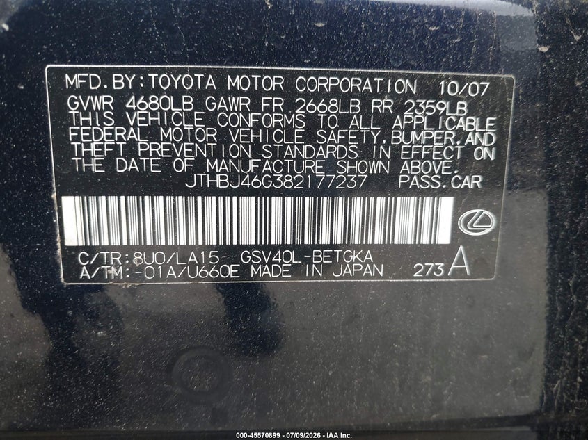 2008 Lexus ES VIN JTHBJ46G382177237 IAAI salvage auction — FRONT END, Salvage - Greater Than 75% (Maryland), sold $650 on 2026-07-29 (photo 9)