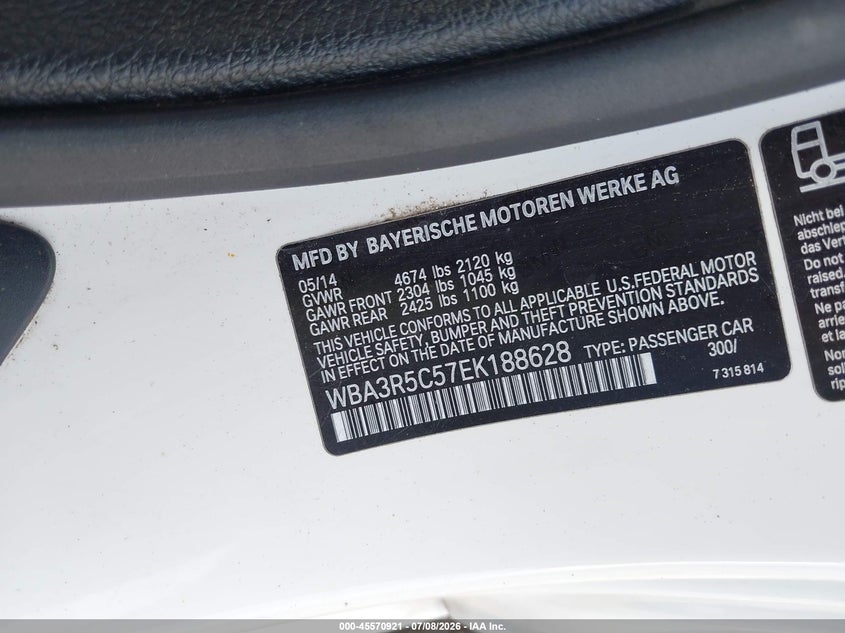 2014 BMW 4er VIN WBA3R5C57EK188628 IAAI salvage auction — FRONT END, Clear (Indiana), sold $8,100 on 2026-08-01 (photo 9)